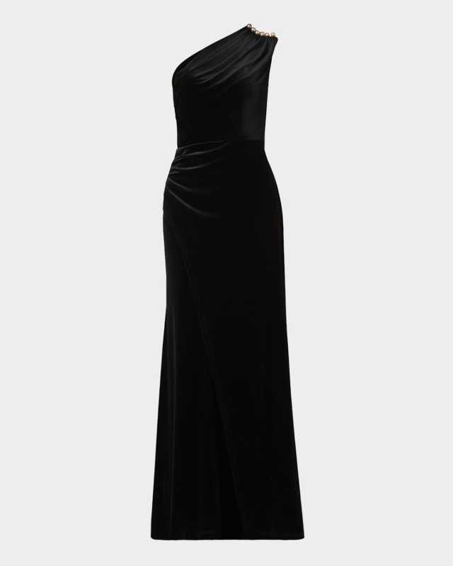 Ola Pleated One-Shoulder Stretch Velvet Gown